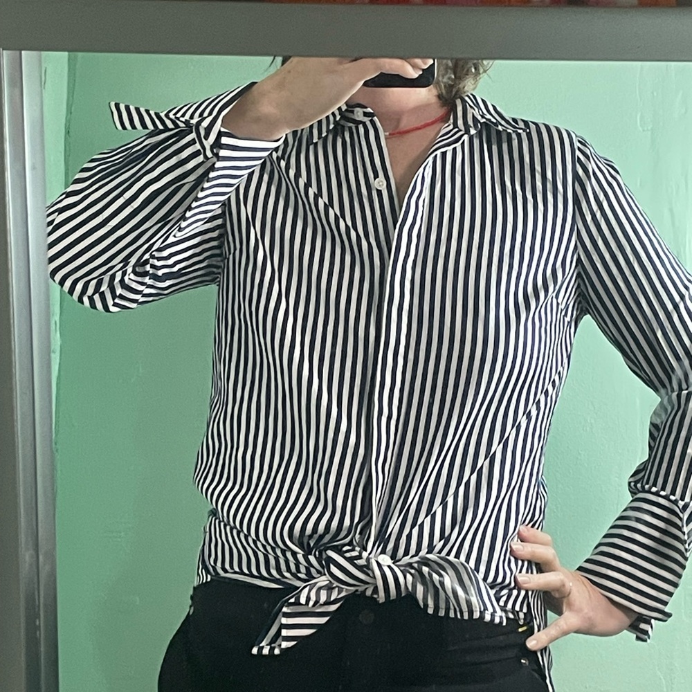 Bird by Juicy Couture White and Navy Blue Striped Button Down Tunic Shirt​